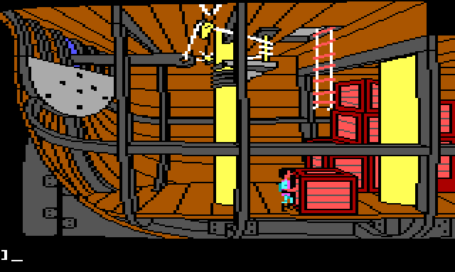 A shorter animated GIF set in the hold of the pirate ship. There are several wooden crates stacked around. One of them is right beneath a rope ladder leading to the upper decks. Gwydion stands next to this crate. Input text reads: "climb on crate". Game text responds: "Why don't you try jumping." Input text reads: "jump on crate". Gwydion performs a pitifully short jumping animation that doesn't come anywhere near the top of the crate.