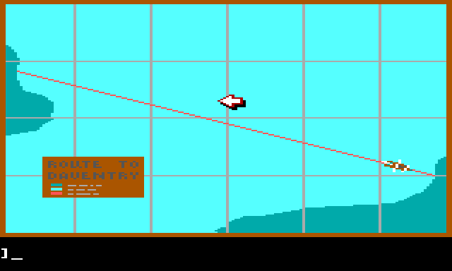 A map of an ocean area. A legend in the corner says "Route to Daventry." There is a red line stretching between shorelines on the west and east sides of the map. A small icon representing a boat is on the red line, very close to the eastern shore. 