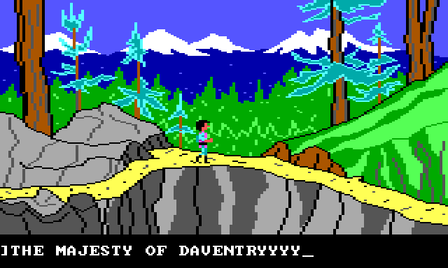 Gwydion walks along a narrow mountain path which is descending into a thick forest. Input text reads: "THE MAJESTY OF DAVENTRYYYY"