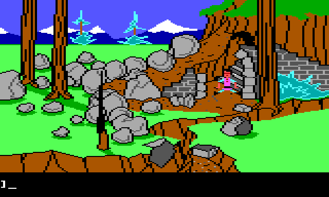 Gwydion is sitting awkwardly at the bottom of a small cliff. There is more burnt forest around him, as well as a pile of fallen rocks. He is next to a crumbled stone structure. Ignoring the destruction, it is recognizable as the mountain door from King's Quest I.