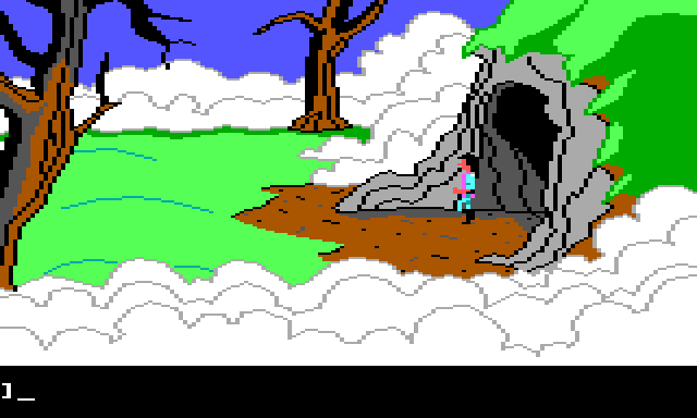 Gwydion emerges from the cave mouth to a clearing surrounded by clouds and more burned trees.