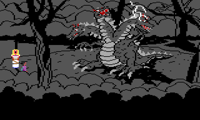 Same scene, but everything has turned black-and-white as dark storm clouds form in the background. Lightning strikes the dragon, and the blonde woman is screaming. Gwydion stands near her, still invisible.