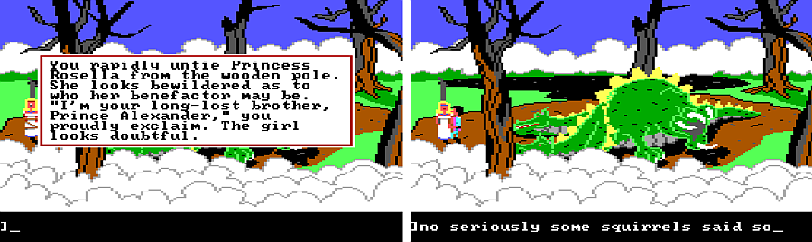 Two panels side-by-side. First panel: same scene as before, but the storm has died down and the dragon lies dead on the ground. The blonde woman has been untied. Game text reads: "You rapidly untie Princess Rosella from the wooden pole. She looks bewildered as to who her benefactor may be. 'I'm your long-lost brother, Prince Alexander,' you proudly exclaim. The girl looks doubtful." Panel 2: Same scene, but Rosella has stopped screaming. Input text: "no seriously some squirrels said so"