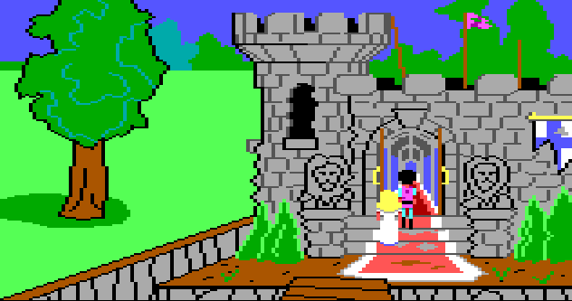 Gwydion and Rosella approach the front door of the castle from King's Quest 1. It looks worn down and overgrown. The moat is empty. 