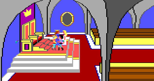 Gwydion and Rosella greet King Graham and Queen Valanice in the throne room from King's Quest 1. 