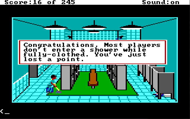 The police station locker room. The walls and floor are tiled in blue. There are bathroom stalls along the east wall, showers along the back wall, and a door in the west wall.  In the middle are two rows of lockers and a bench. A janitor mops the floor in the foreground. Game text reads: "Congratulations. Most players don't enter a shower while fully-clothed. You've just lost a point."
