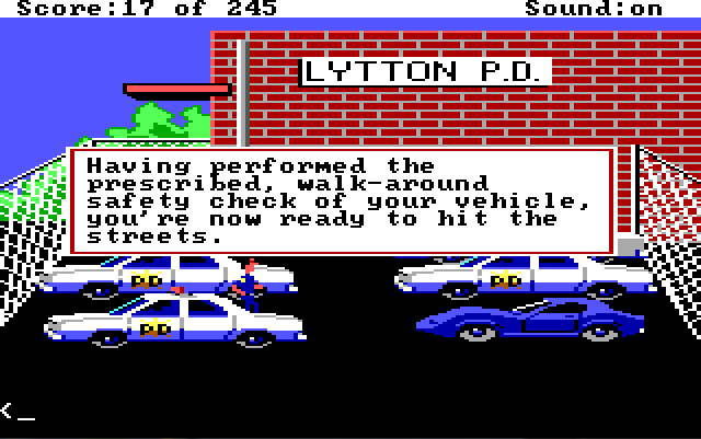 Sonny stands next to his cop car in the police station parking lot. Game text reads: "Having performed the prescribed, walk-around safety check of your vehicle, you're now ready to hit the streets. 