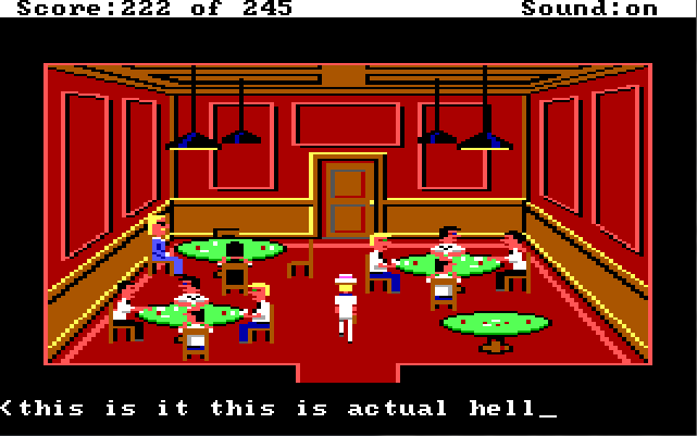 Sonny stands in the middle of a room with red walls and floors, wood paneling, and four green-felted poker tables in it. Players sit around three of the tables playing poker. Input text reads: "this is it this is actual hell"