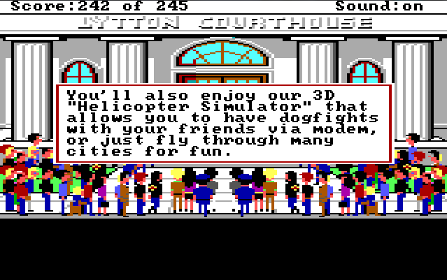 A large crowd of people stands in front of the courthouse, which is a large white building with marble columns. Game text reads: "You'll also enjoy our 3D 'Helicopter Simulator' that allows you to have dogfights with your friends via modem, or just fly through many cities for fun."