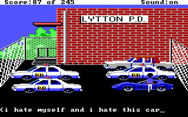 Sonny stands next to a flashy blue car in the police station parking lot. Input text reads: "i hate myself and i hate this car"