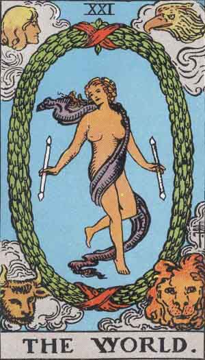 The World card from the Rider-Waite deck. A nude woman stands in the center of a wreath with a cloth wound around her. She holds two wands. In the corners of the wreath are an angel, an eagle, a lion, and a bull.