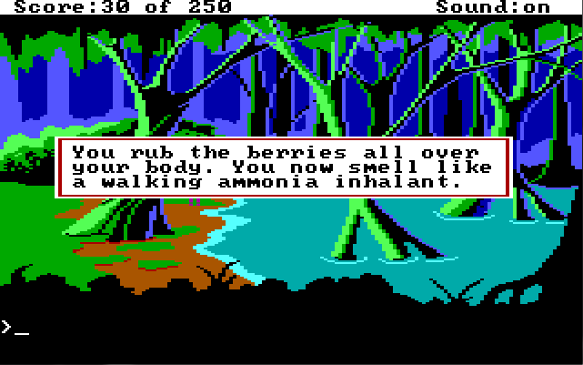 The swamp. Game text: "You rub the berries all over your body. You now smell like a walking ammonia inhalant."