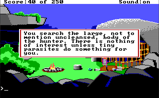 Lizard-man's camp. Roger is out of the cage and the lizard-man lies face down next to him. Game text: "You search the large, not mention uncleansed, body of the hunter. There is nothing of interest unless tiny parasites do something for you.