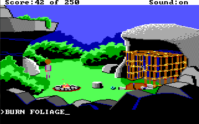 Lizard-man's camp. Lizard-man is knocked out. Roger stands on the other side of the camp. Input text: "BURN FOLIAGE"