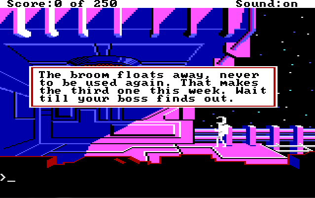 Old-fashioned pixel graphics show a man in a white spacesuit standing on the blocky exterior of a large pink spaceship. Game text reads: "The broom floats away, never to be used again. That makes the third one this week. Wait till your boss finds out."