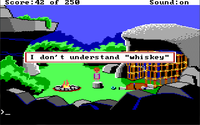 Lizard-man's camp. Game text: "I don't understand 'whiskey'"