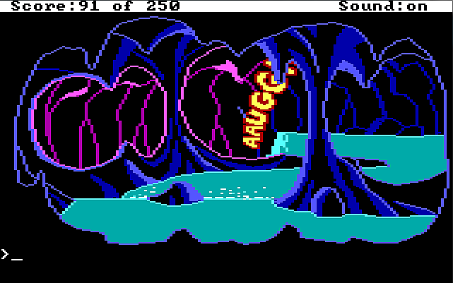 A dark underground cave with a winding river running through it. A waterfall at the end plunges into a deep-looking hole. Cartoony sound-effect text reading "AAUGGH!" emerges from the hole.