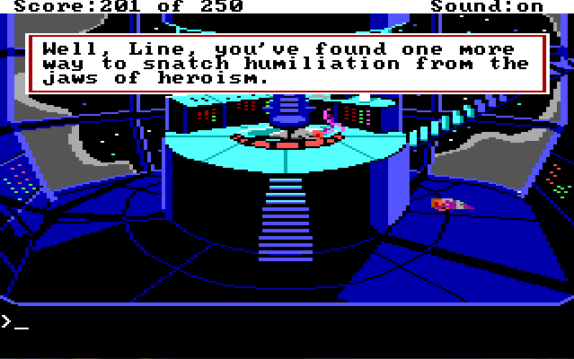 The control room. The gray-suited man lies face down by his chair. Roger lies in a mangled heap under the staircase leading up from the platform. Game text: "Well, Line, you've found one more way to snatch humiliation from the jaws of heroism."