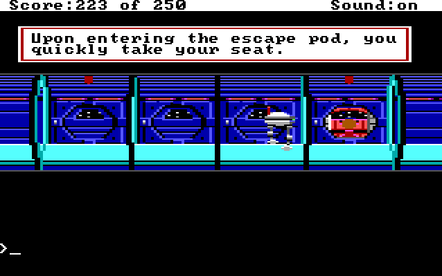 A narrow corridor lined with escape pods. A hamburger-shaped robot with legs faces Roger, who sits in one of the pods. The pod door is closing. Game text: "Upon entering the escape pod, you quickly take your seat."