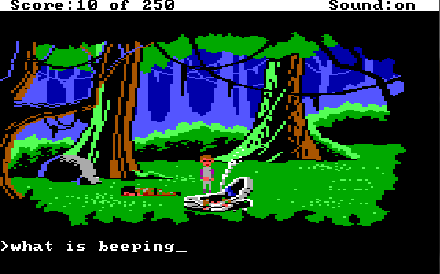 Roger stands in a forest next to a crashed, smoking hovercraft. A dead body lies face down next to him, and there is another dead body in the hovercraft. Input text: "what is beeping"