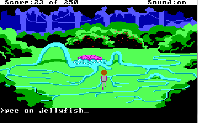 Same scene. Roger stands in a different part of the tentacle maze. Input text: "pee on jellyfish"