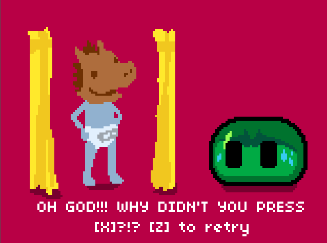 Press X Not To Pry screenshot. On the left, a blue figure wearing a horse mask and diapers stands between two open yellow curtains. A green slime with big eyes is on the right, looking embarrassed. The background is bright pink and the graphics are cute. Text at the bottom reads: "OH GOD!!! WHY DIDN'T YOU PRESS [X]?!? [Z] to retry"