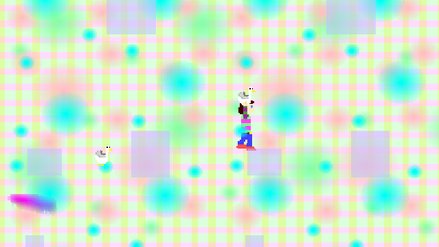 Duck Game screenshot. A figure with brown hair and a striped shirt holds a white duck over their head. They are floating against a background of pastel-colored shapes and stripes.