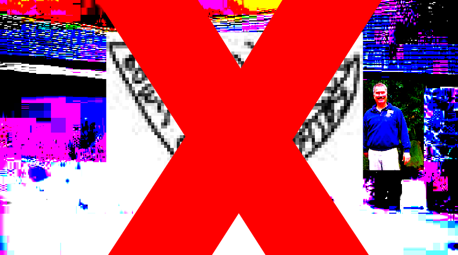 FRUIT MYSTERY screenshot. Background is a neon, glitchy-looking image collage. The only legible picture is of a smiling man in a blue polo shirt. A huge red X is drawn over the collage.
