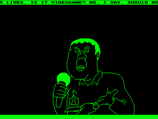 Mario Empalado screenshot. Simple green line graphics against a black background. A caricature of a man holding a microphone and gesturing. In the foreground is a hand holding a knife. Partially obscured scrolling text at the top reads: "...LIVES. IS IT VIDEOGAME? NO, I SAY. SHOULD NOT..."
