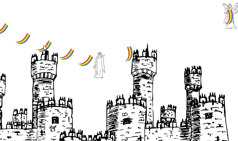Princess Queen screenshot. An inky black-and-white castle backdrop against a white background. A line drawing of a woman in a robe floats in the middle, firing rainbows ahead and behind her. One of the rainbows is striking another floating woman.