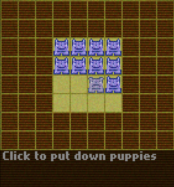 Puppy Shelter screenshot. A grid of brown squares with a smaller grid of yellow squares in the middle. 10 simple puppy graphics are arranged on the yellow squares. All are smiling except one. Text at the bottom reads "Click to put down puppies"