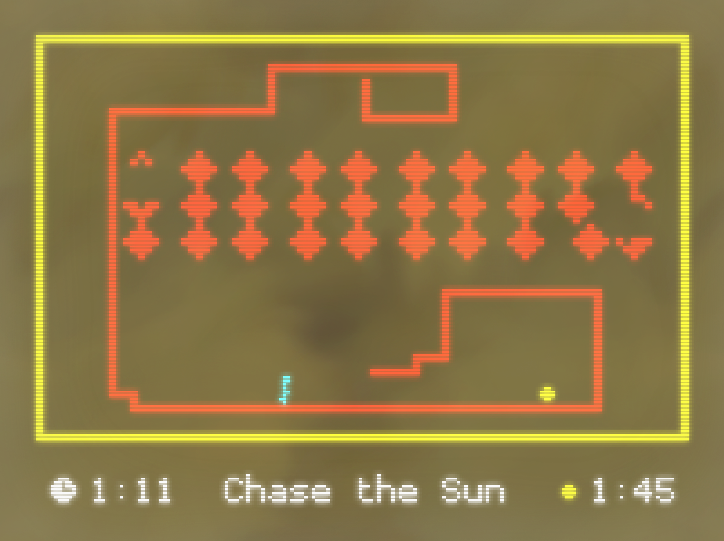 Run screenshot. 80's arcade graphics. A small blue figure runs along a winding red platform towards a yellow circle. Glitchy-looking diamonds hang overhead. A timer next to a clock graphic reads 1:11. Another timer next to a yellow circle reads 1:45. Text at the bottom reads "Chase the Sun"