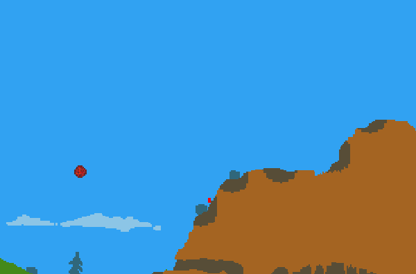 A brown hill in front of a blue sky, in a simple graphical style. A large red object falls from the sky. Several parts of the hill look damaged. A small red figure jumps up in one of the holes in the hill.