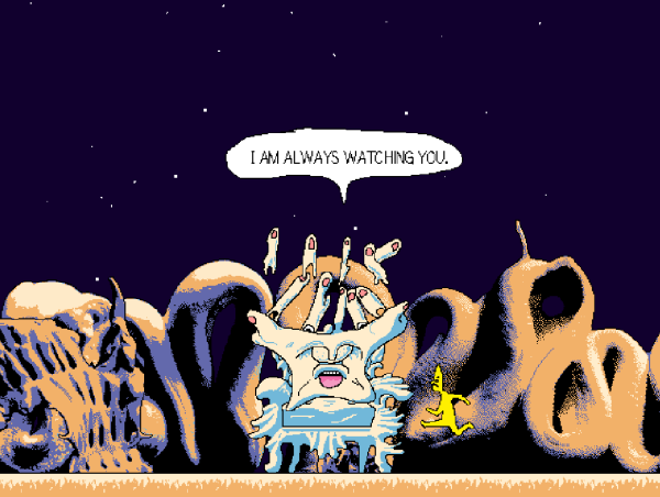 A large, pale blue creature surrounded by floating fingers sits on a throne, with a word balloon that says "I AM ALWAYS WATCHING YOU." The background is a starry sky and strange, fluid beige structures behind the throne. A small yellow character is jumping in front of the throne.