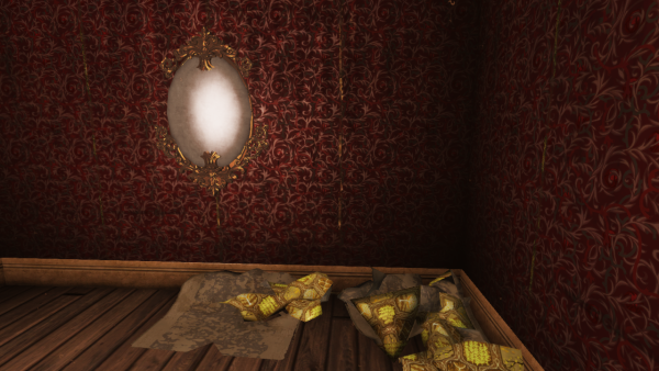 First person camera. A corner of a room covered in rich but peeling wallpaper in dark red and gold. A cloudy oval mirror with an ornate gold frame is on the wall. There is a pile of crumpled yellow wallpaper on the floor. The floor is bare wood.