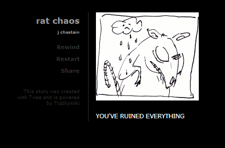 Screenshot of a typical Twine game format. A sketchy, black and white line drawing  of a rat with a sad cloud raining on it. Text below the image reads: "YOU'VE RUINED EVERYTHING"