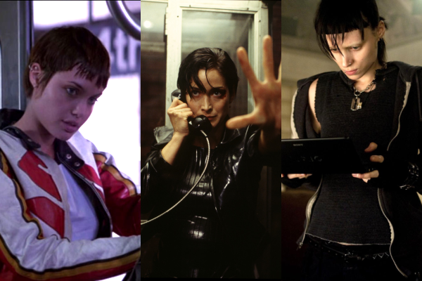 Three stills of women from cyberpunk movies: Kate from Hackers, Trinity from The Matrix, and Lisbeth Salander from The Girl with the Dragon Tattoo.