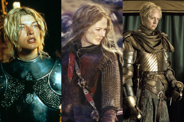 Three stills of women warriors from fantasy movies or shows: Joan of Arc from The Messenger, Eowyn from The Lord of the Rings, and Brienne of Tarth from Game of Thrones.