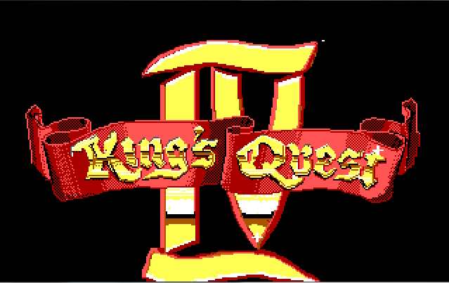 King's Quest 4 title screen. A big shiny "IV" with a red banner reading "King's Quest" across it.