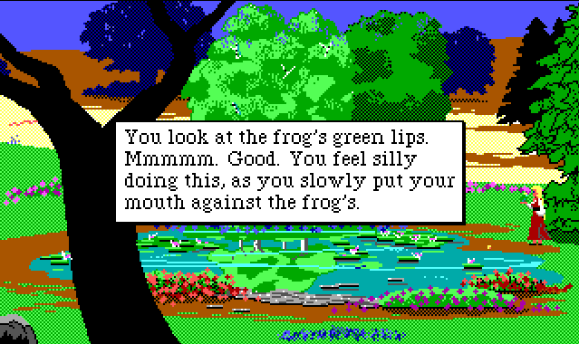 Rosella stands by a little pond filled with lilypads, holding a tiny frog. Text reads: "You look at the frog's green lips. Mmmmm. Good. You feel silly doing this, as you slowly put your mouth against the frog's."