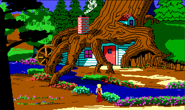 Rosella stands by a narrow stream looking at a little house built into the roots of a giant tree.