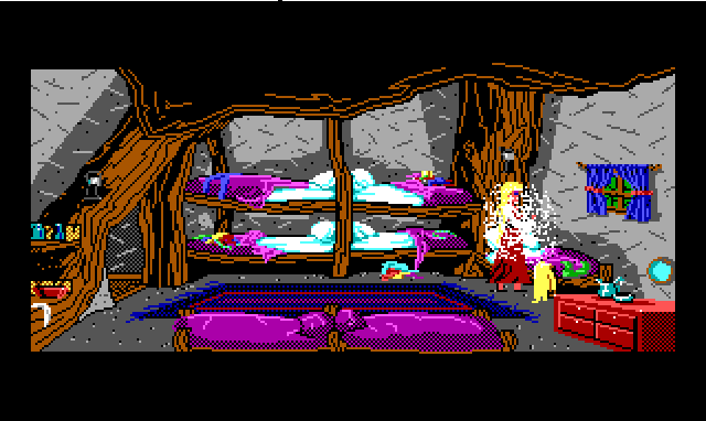 The bedroom of the treehouse, which has several bunk beds lining the walls. Two are made and the others are messy. Rosella stands over one of the messy ones, a cloud of pixels around her suggesting vigorous activity.