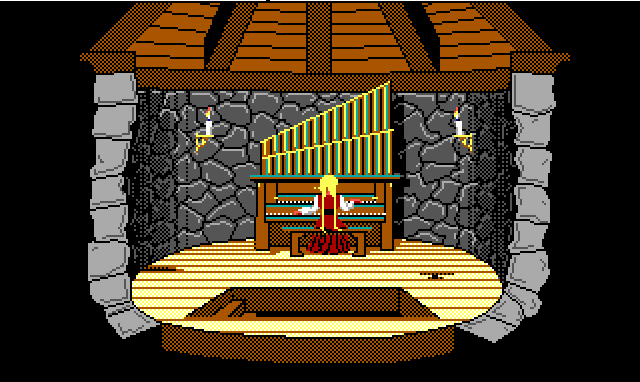 Rosella sits playing a pipe organ in a small tower room.