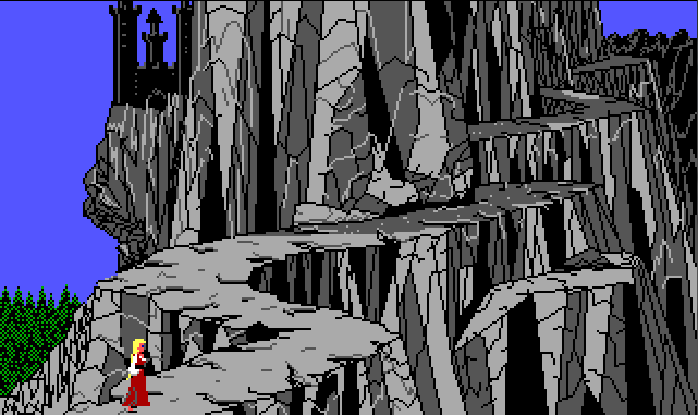 Rosella stands at the foot of a long, treacherous mountain path. A black castle looms in the background.