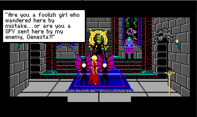 Rosella stands in a gothic castle setting, flanked by guards. Lolotte, a green-skinned sorceress, sits on a throne. Lolotte's dialogue reads: "Are you a foolish girl who wandered here by mistake... or are you a SPY sent here by my enemy, Genesta?!" A green-skinned young man stands next to Lolotte. 