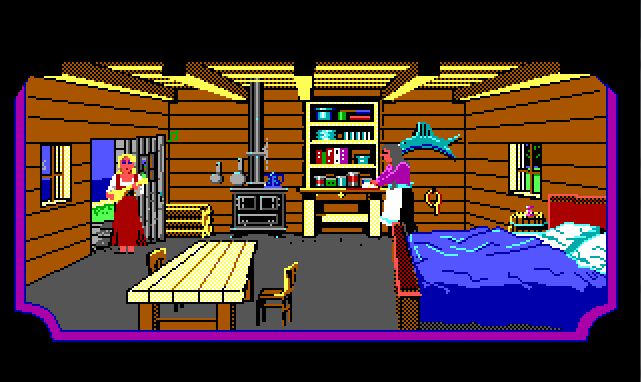 Rosella stands in a fisherman's cottage, playing a lute. Little music notes rise above her. An older woman in an apron stands nearby.