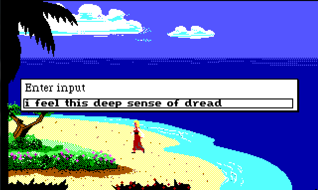 Rosella stands on a beach filled with flowers and palm trees. A large white input box hovers over the center of the screen. Input text reads: "i feel this deep sense of dread."