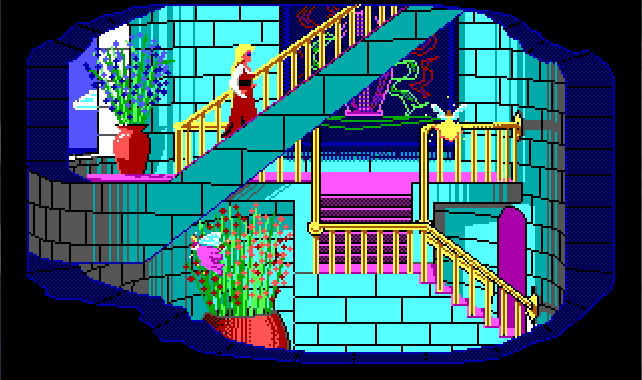 Rosella walks up the stairs of a very fancy blue-and-pink palace. More of Genesta's small fairies are flying around.