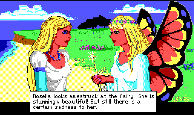 A close view of Rosella and Genesta standing together on a beach. They look very similar, except for Genesta's wings. Text reads: "Rosella looks awestruck at the fairy. She is stunningly beautiful! But still there is a certain sadness to her."