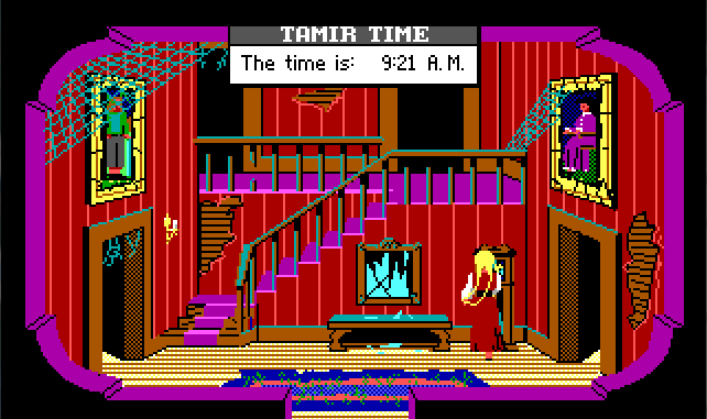 Rosella stands in a spooky house in front of a grandfather clock. Game text: "The time is 9:21 A.M."